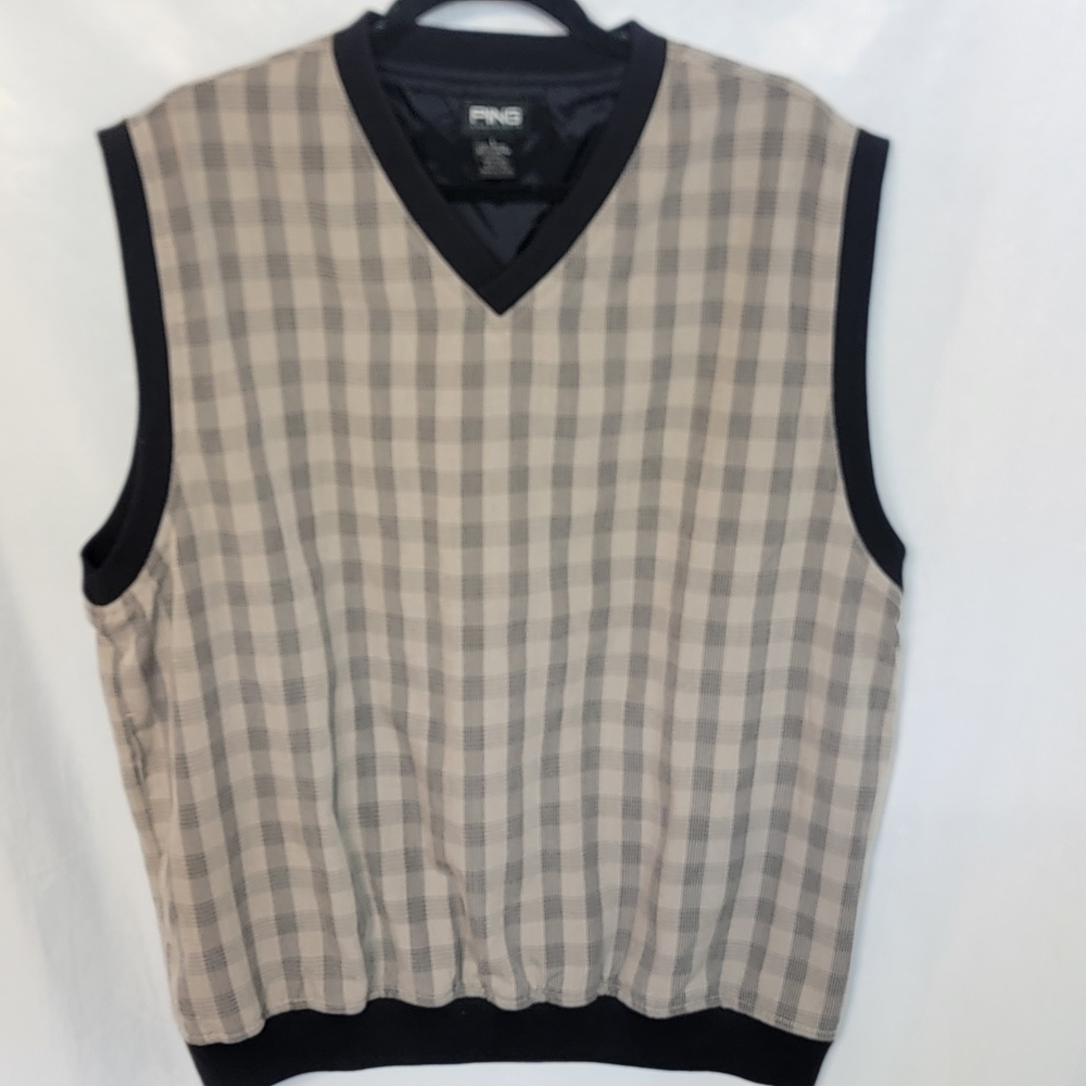 PING Plaid V-Neck Golf Wind Breaker Vest in Beige and Black